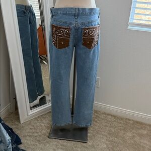 Blue Denim Jeans with Brown Accents